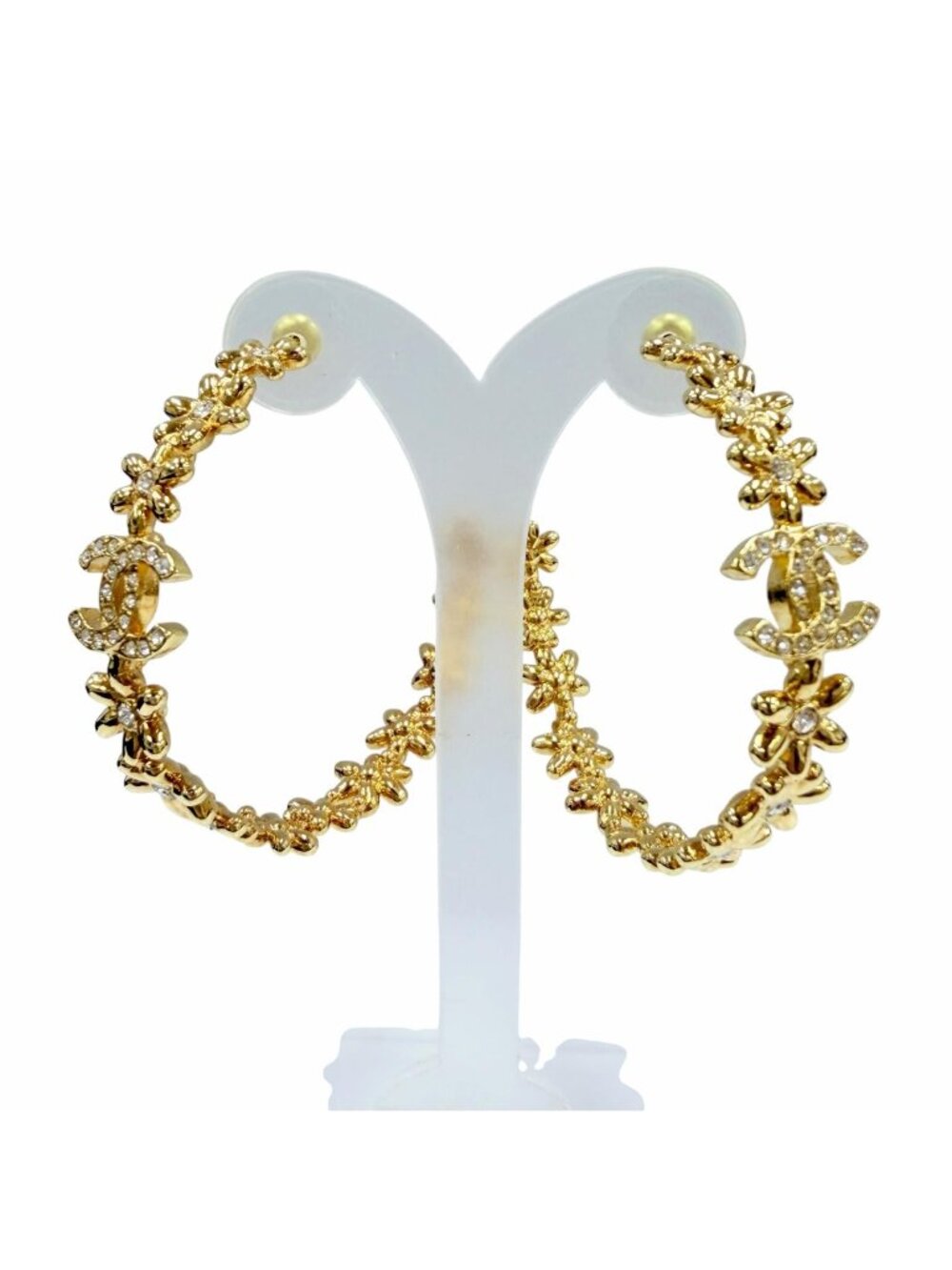 Chanel CC Logo Flower Rhinestone Hoop Earrings Gold